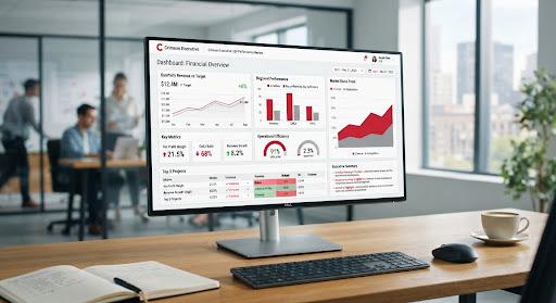 Hybron Labs operations dashboard showing real-time inventory, order, and logistics metrics with crimson performance indicators.